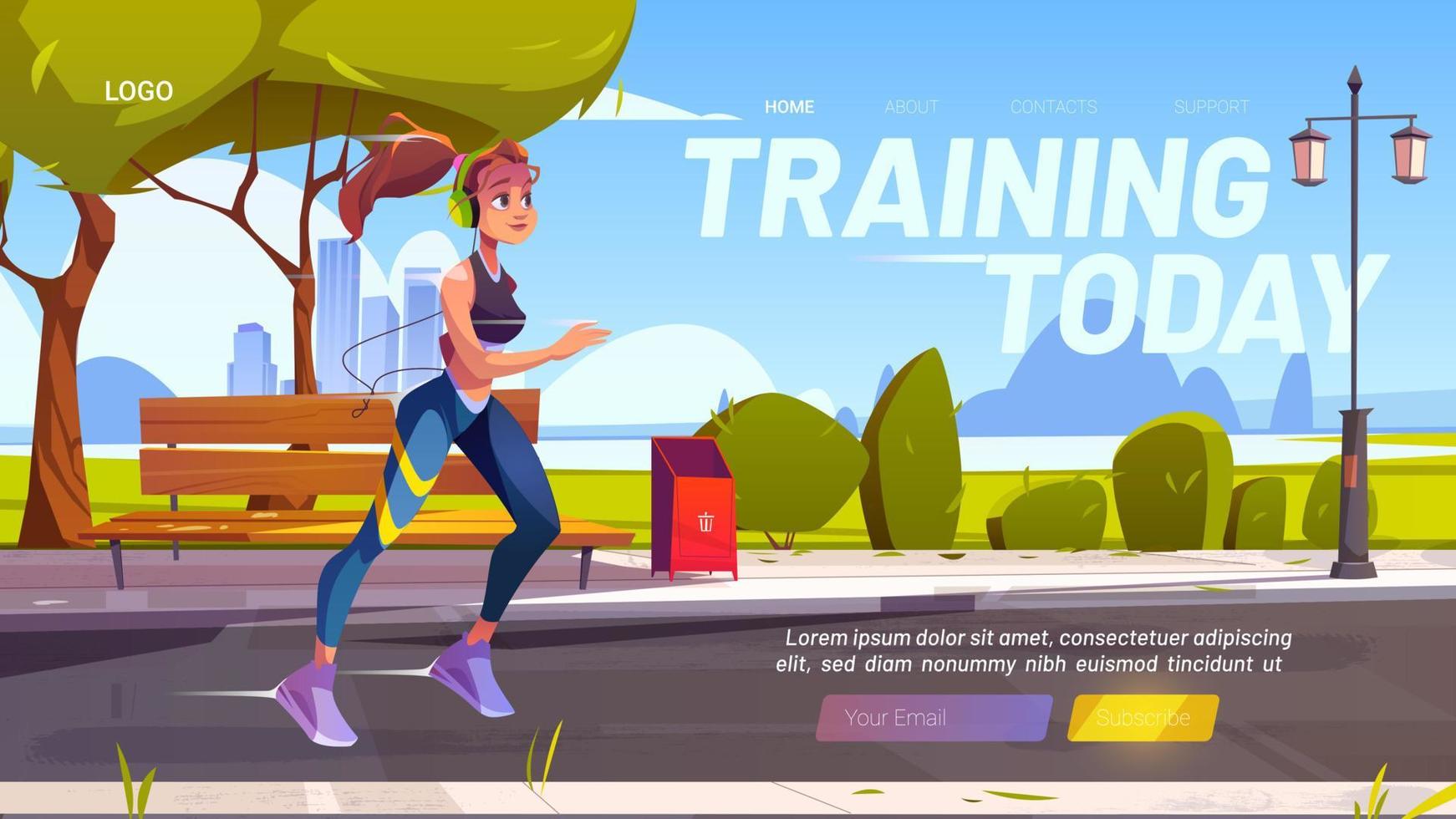 Training today cartoon landing page, outdoor run vector