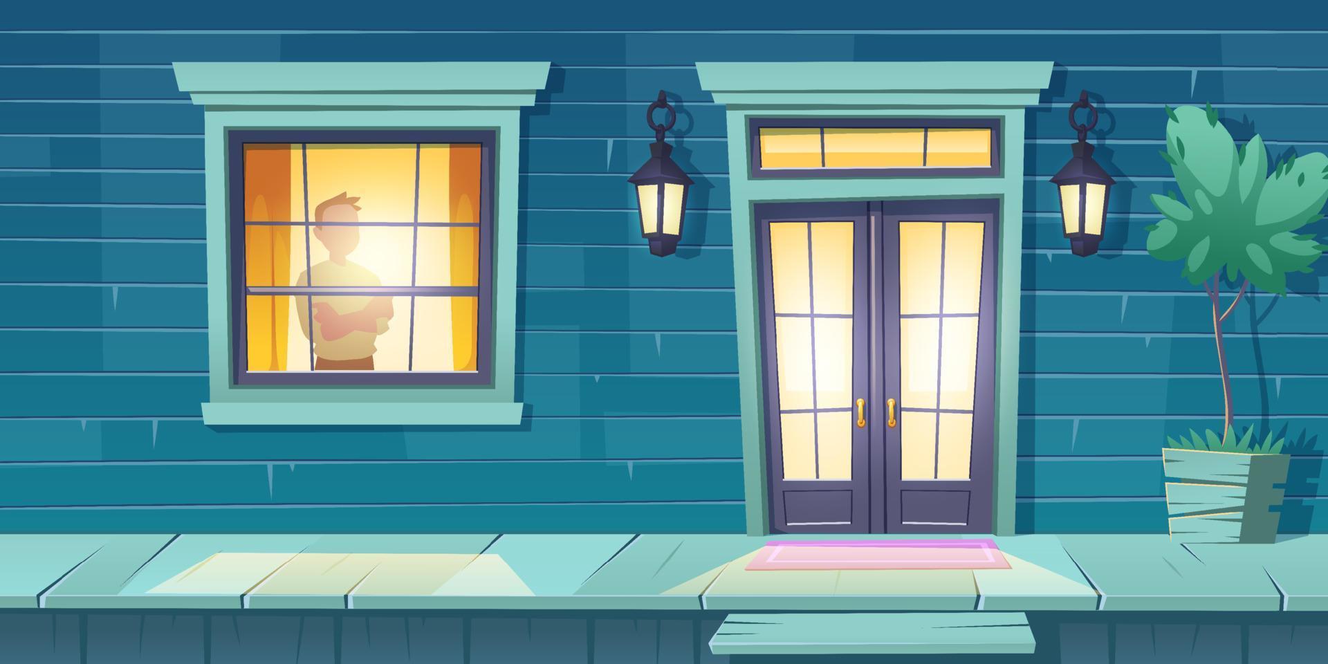 Lonely man with crossed arms stand at night window vector