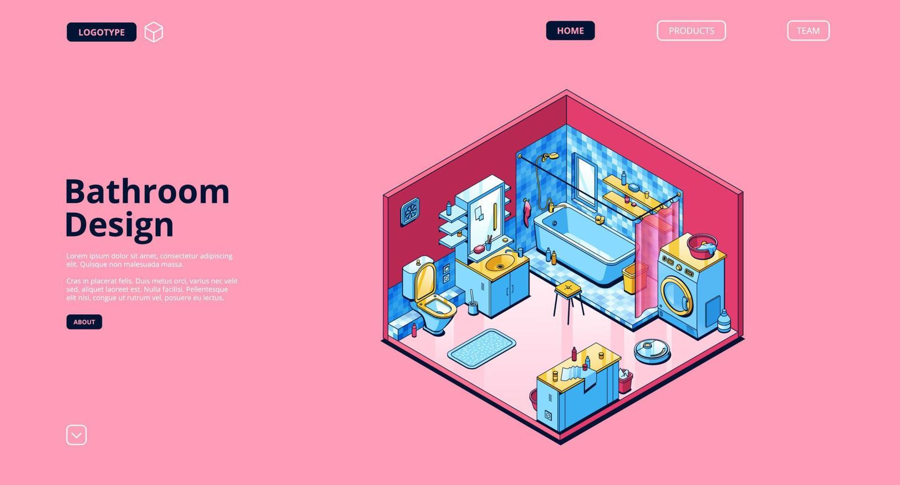 Bathroom design isometric landing page, empty room vector