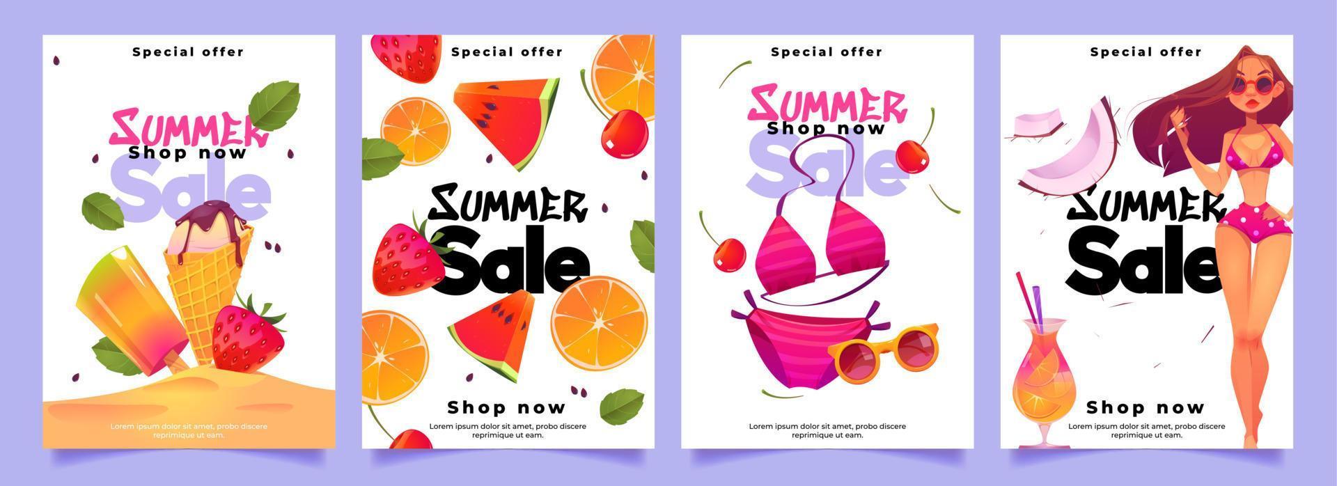 banners de venta de verano con mujer, fruta y cóctel vector