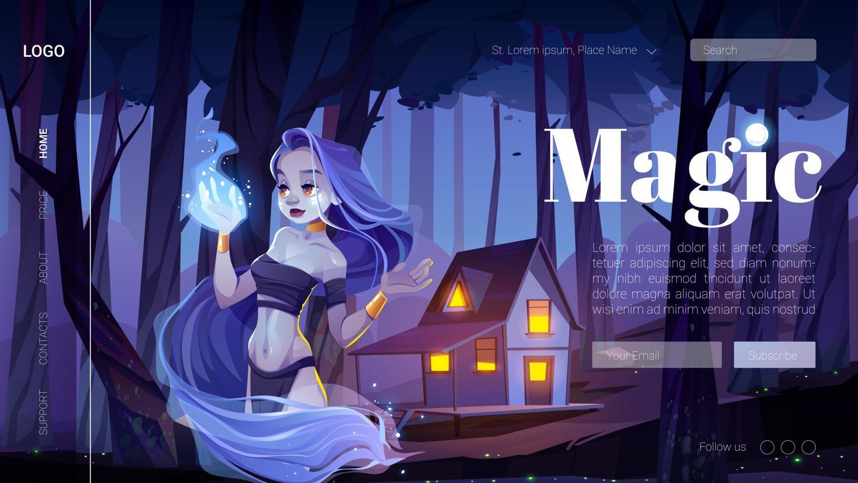 banner mágico con chica mística en el bosque nocturno vector