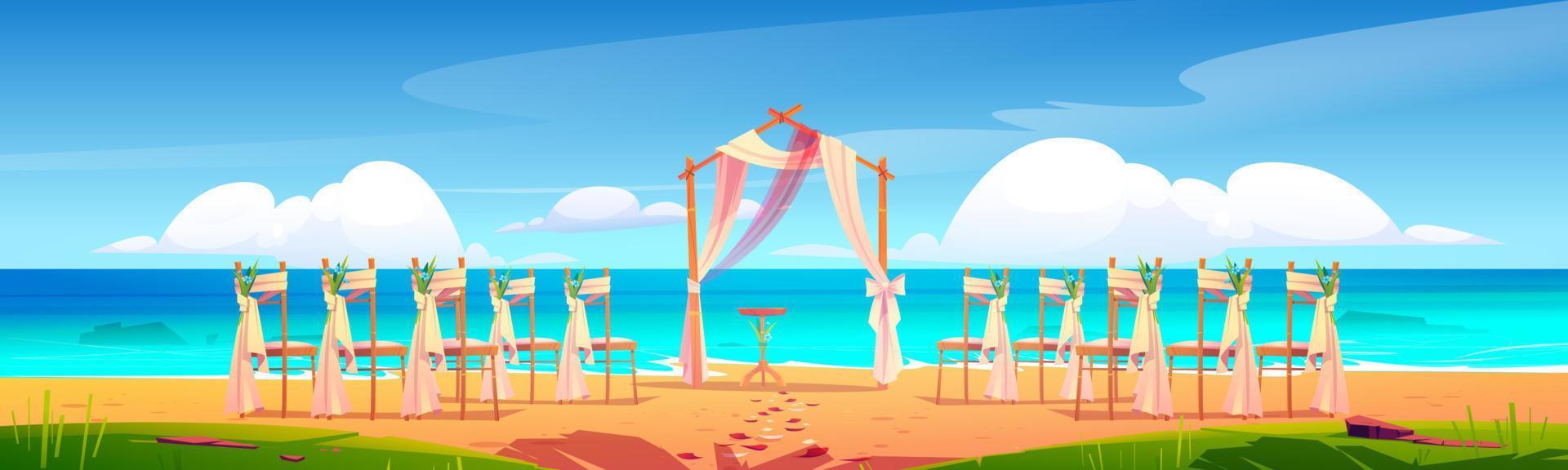 Beach wedding arch and decoration on seaside. vector