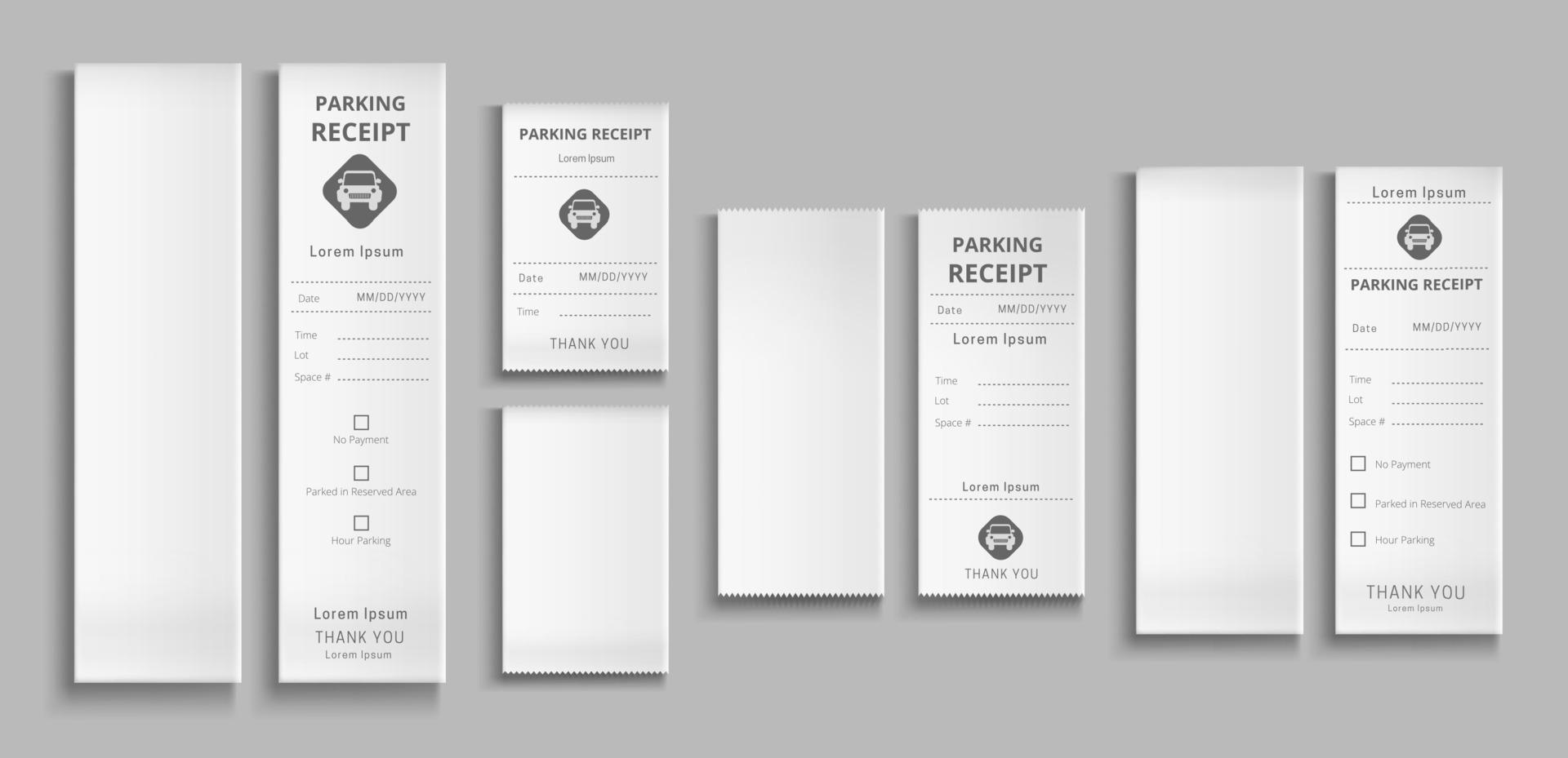 Parking receipts 3d vector templates, paper check