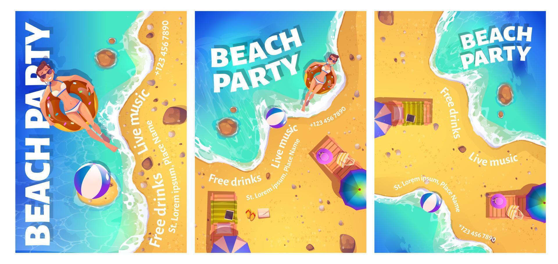 volante de dibujos animados de fiesta en la playa con mujer en el océano vector