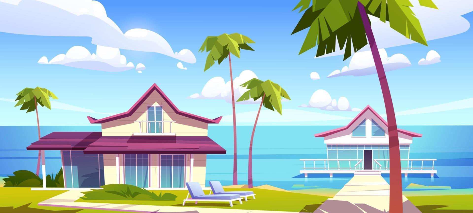 Modern bungalows on island resort beach, seaside vector