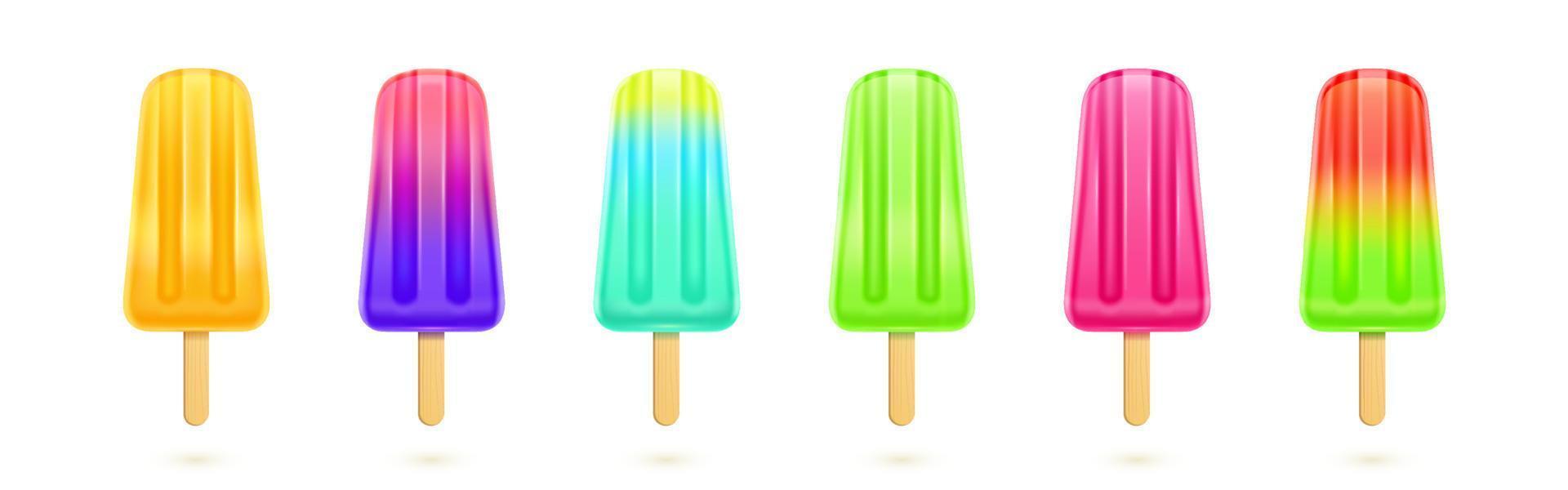 Fruit popsicle, colorful ice cream on wooden stick vector