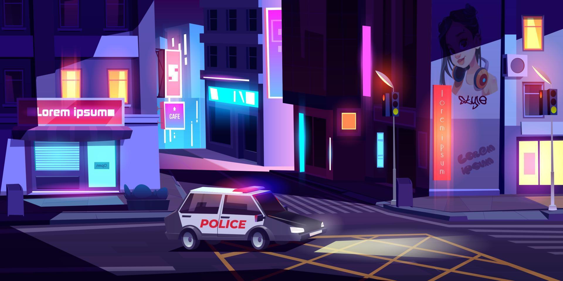 Night police patrol department car on street. vector