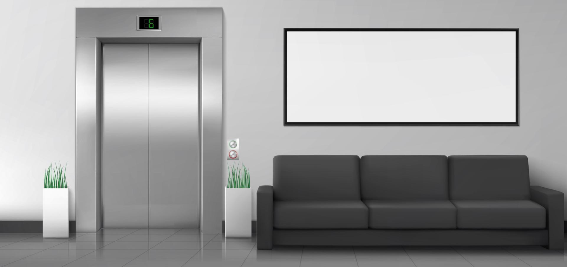 Office lobby with elevator, sofa and white poster vector