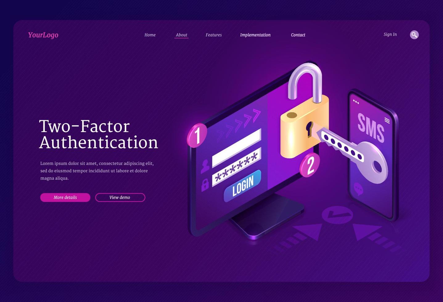 Two-factor authentication isometric landing page vector