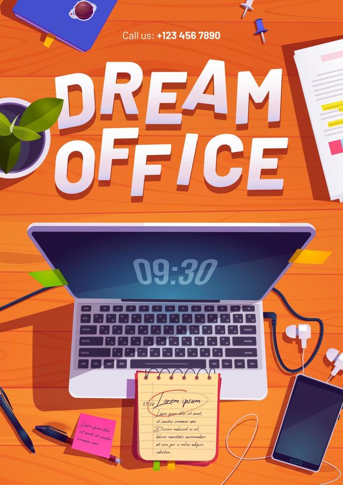 póster de oficina de ensueño con espacio de trabajo con computadora portátil vector