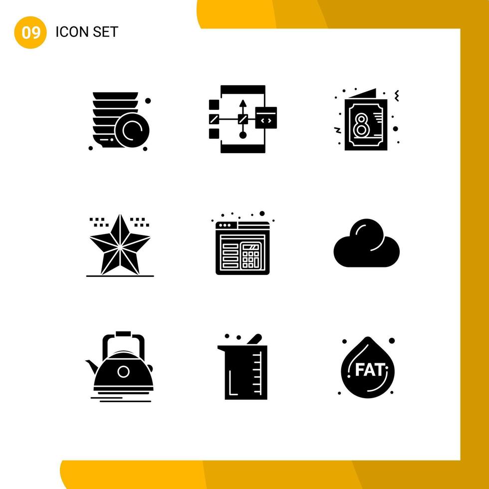 Pack of 9 Modern Solid Glyphs Signs and Symbols for Web Print Media such as star event card christmas symbol Editable Vector Design Elements