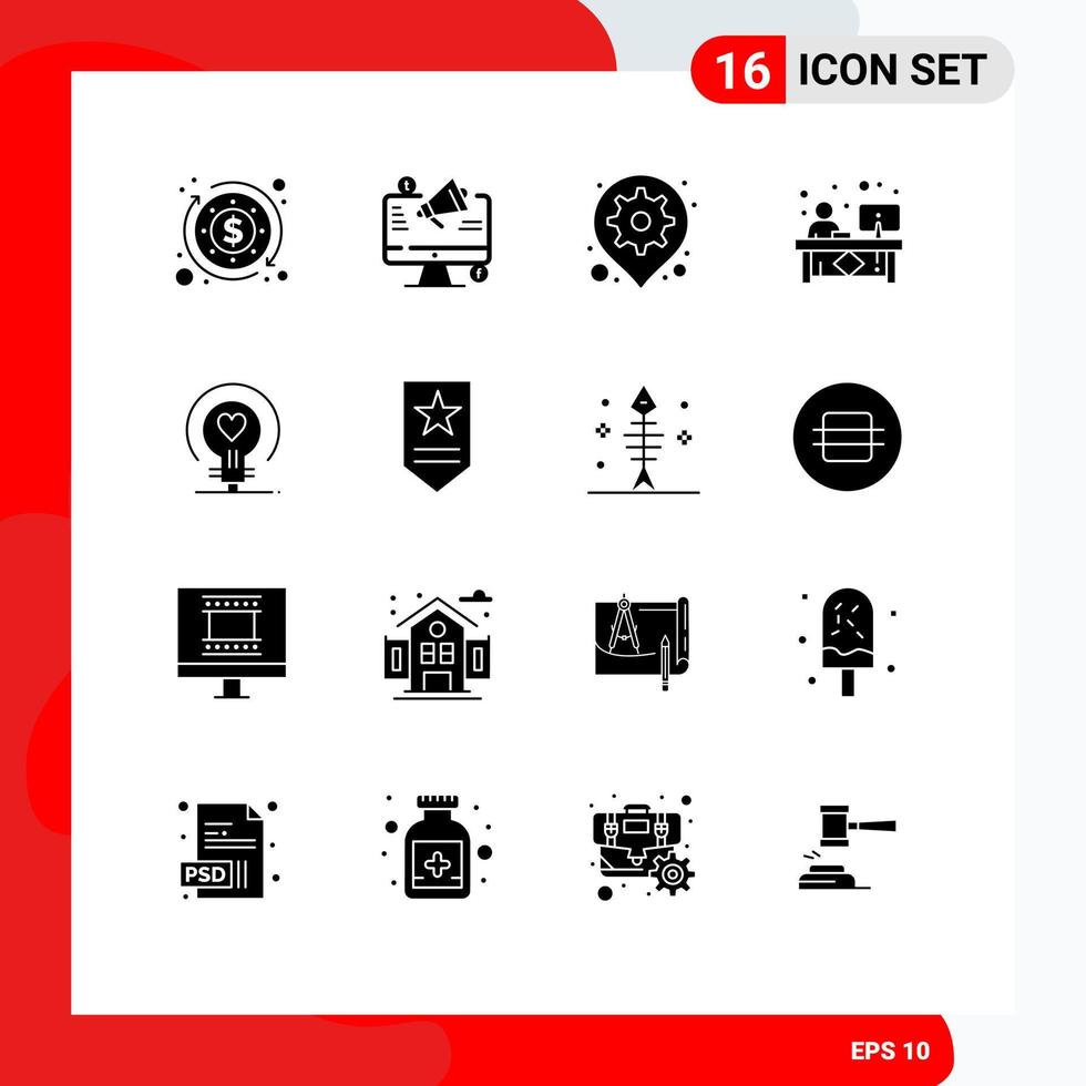 Universal Icon Symbols Group of 16 Modern Solid Glyphs of reception desk gear counter setting Editable Vector Design Elements