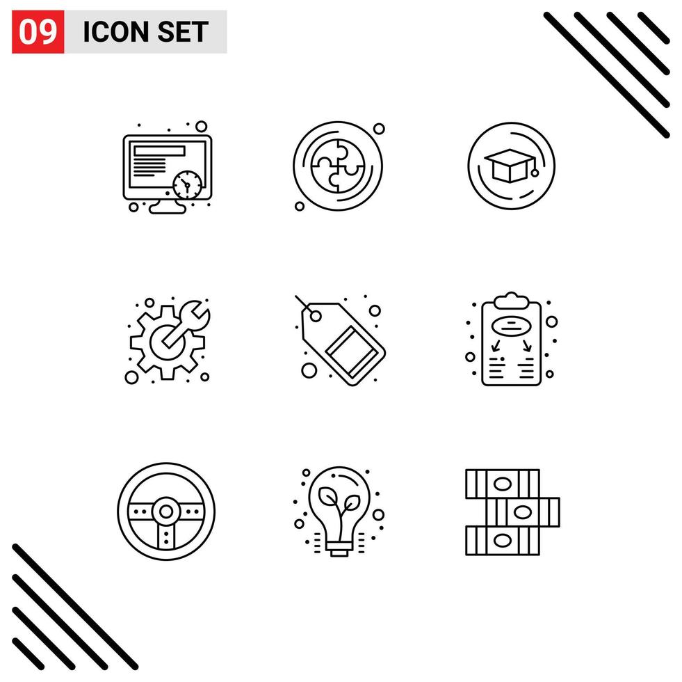 Mobile Interface Outline Set of 9 Pictograms of sale tag marketing graduation market spanner Editable Vector Design Elements