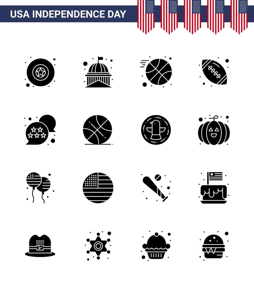 Pack of 16 USA Independence Day Celebration Solid Glyphs Signs and 4th July Symbols such as star flag basketball american ball rugby Editable USA Day Vector Design Elements