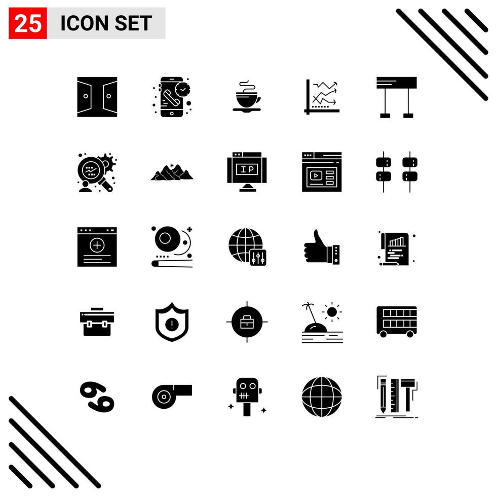 Pack of 25 creative Solid Glyphs of analytics analysis receiver graph coffee Editable Vector Design Elements