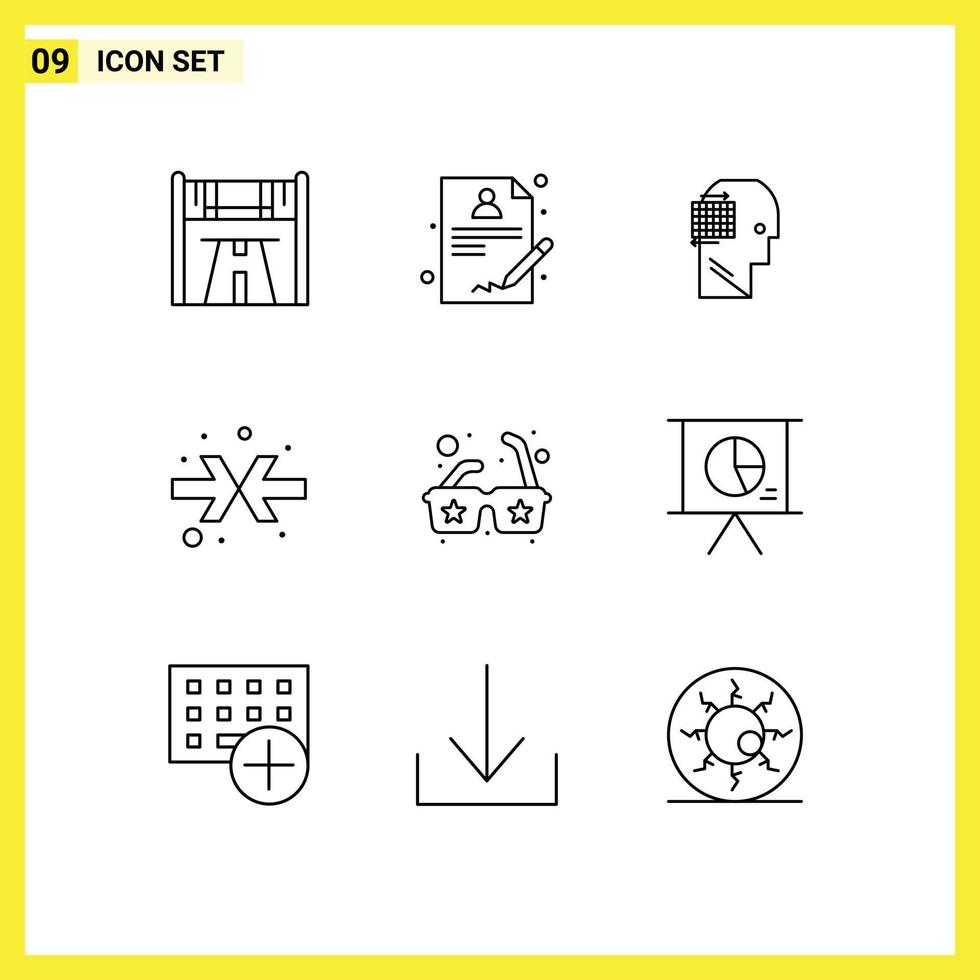 9 User Interface Outline Pack of modern Signs and Symbols of business sun think glasses arrows Editable Vector Design Elements