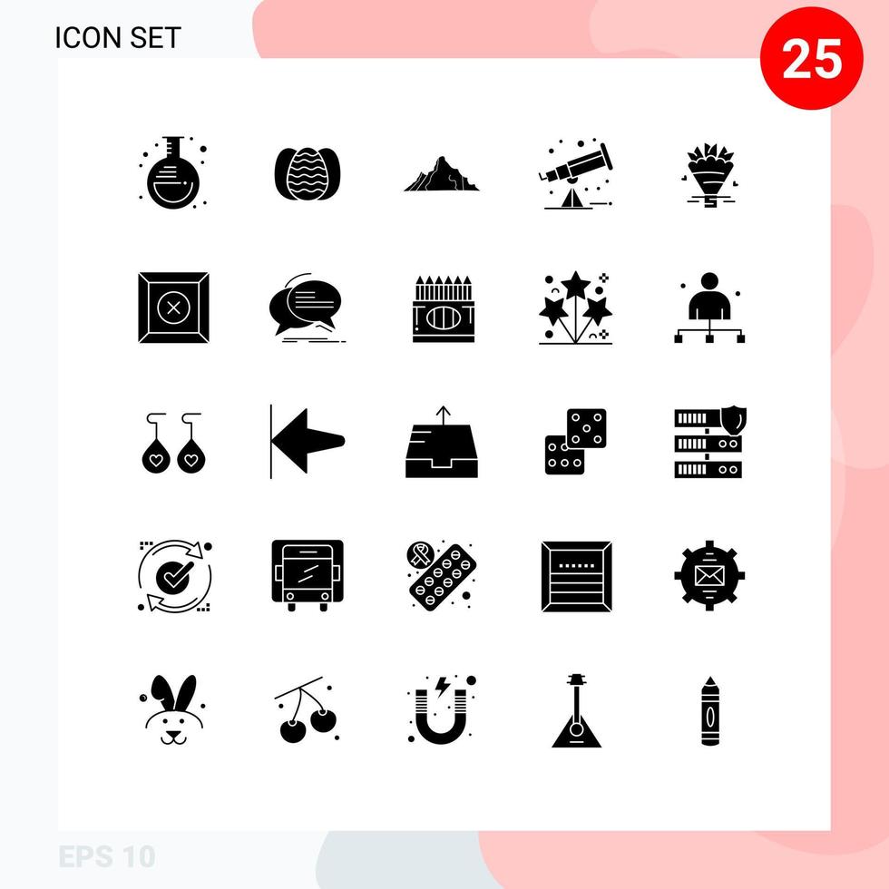 Editable Vector Line Pack of 25 Simple Solid Glyphs of bouquet telescope hill space scene Editable Vector Design Elements