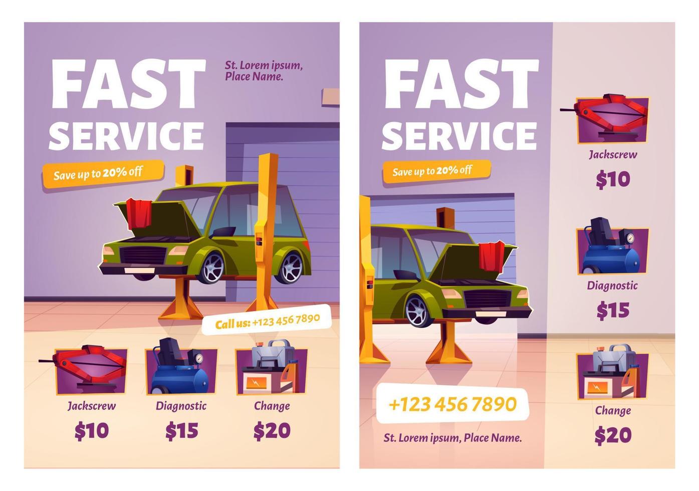 Car repair fast service cartoon ad posters, garage vector