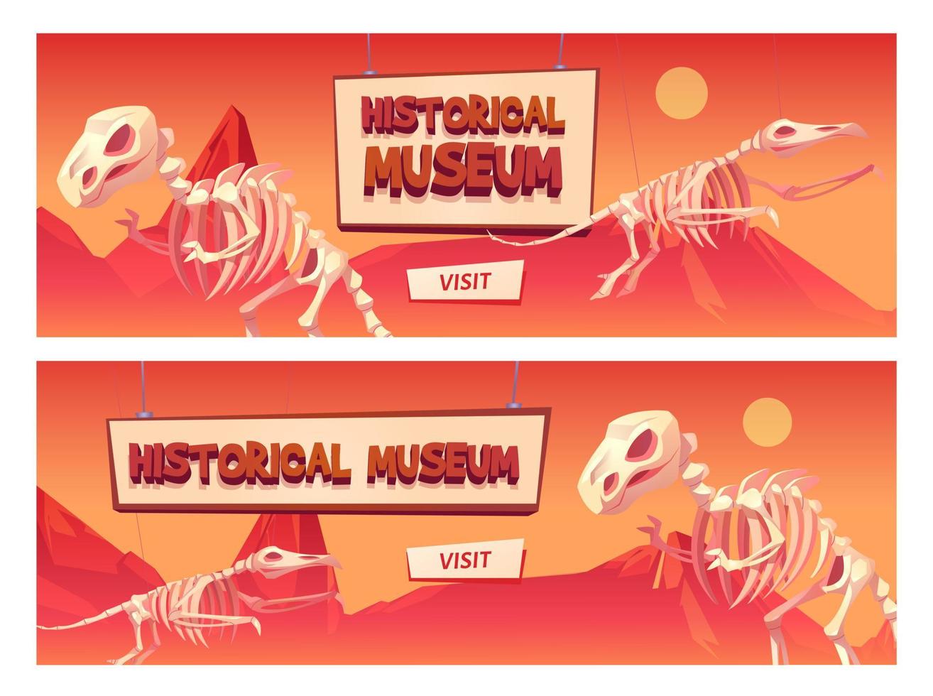 Historical museum cartoon web banner with dinosaur vector