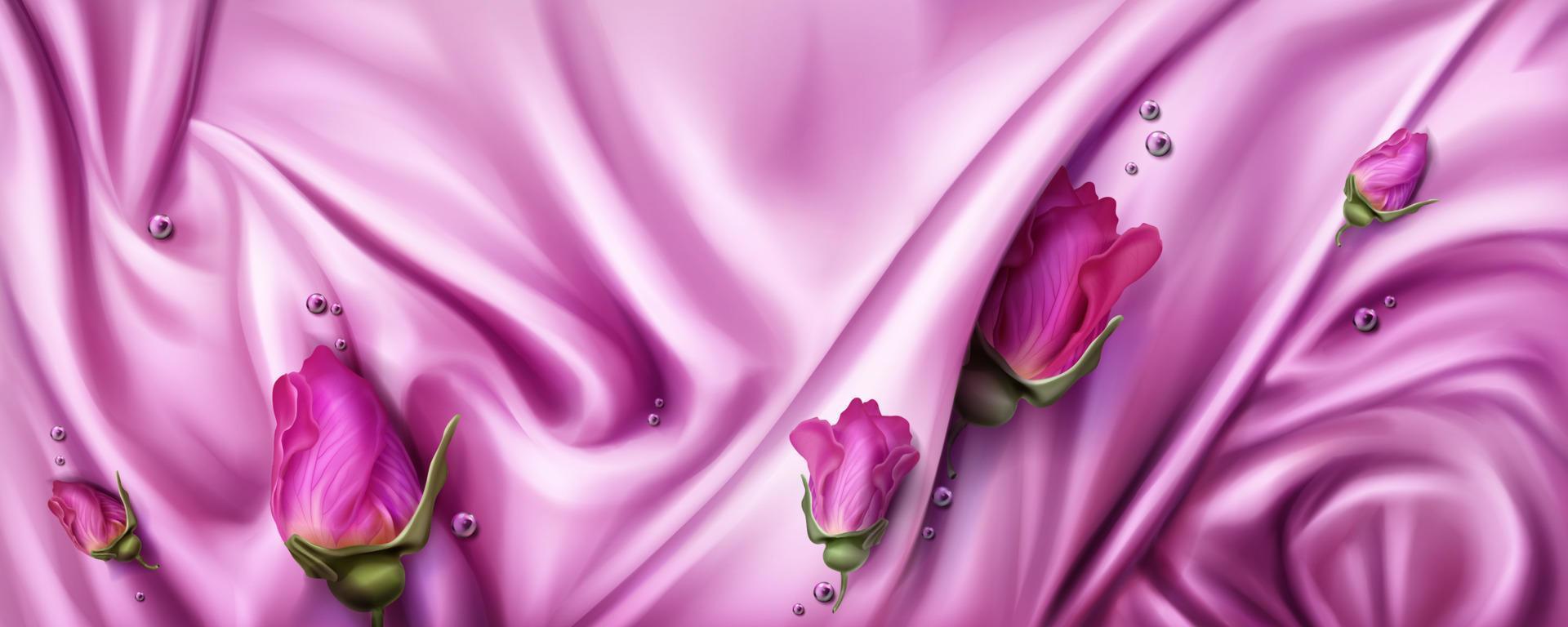 Background with pink silk cloth and rose buds vector