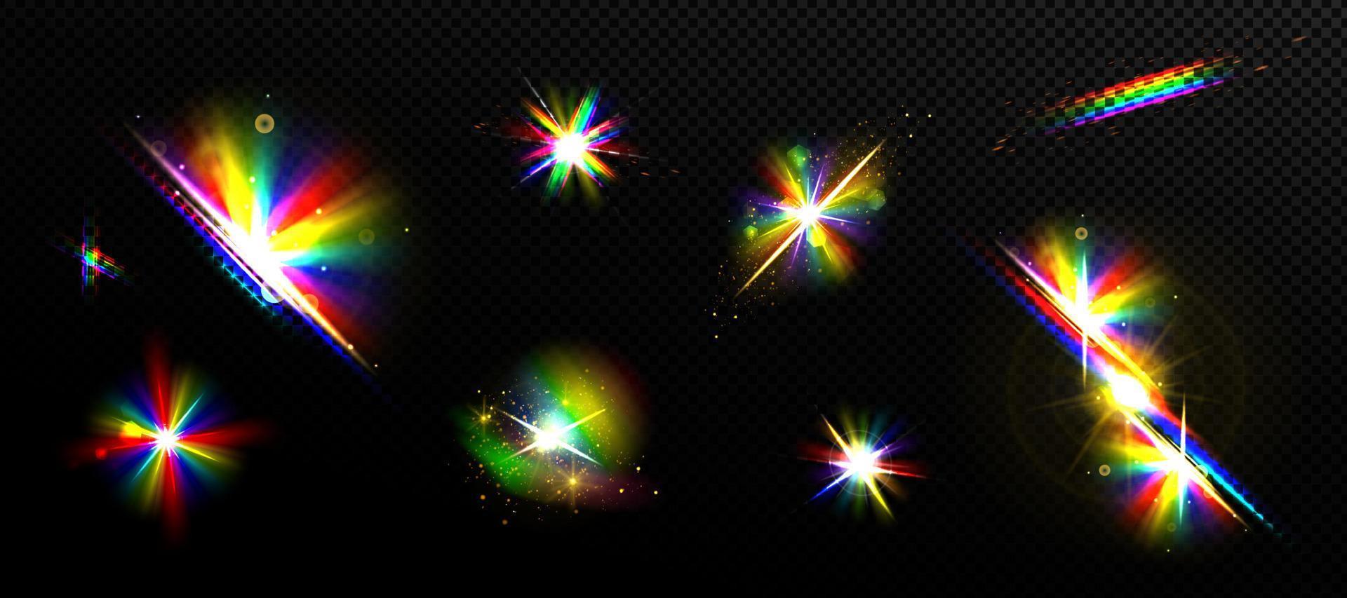 Rainbow light flare effects, iridescent glare vector