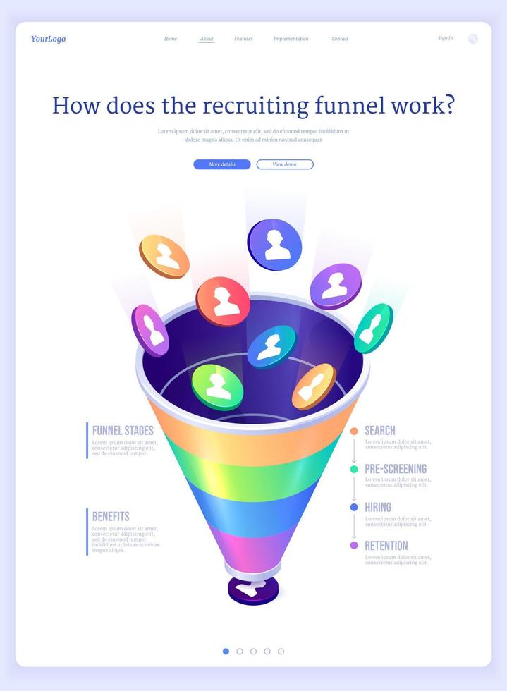 Recruiting funnel, hiring isometric landing page vector