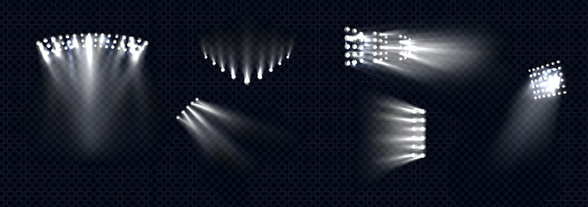 Spotlights, stage light white beams lamps rays set vector