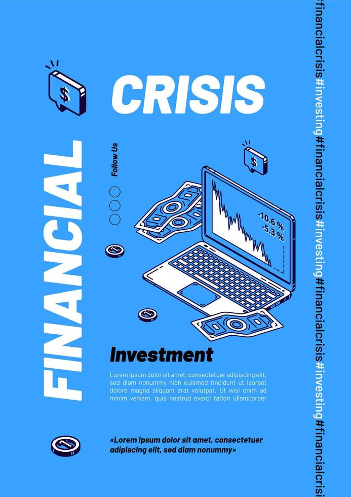 banner web isométrico de crisis financiera, caída de ventas vector