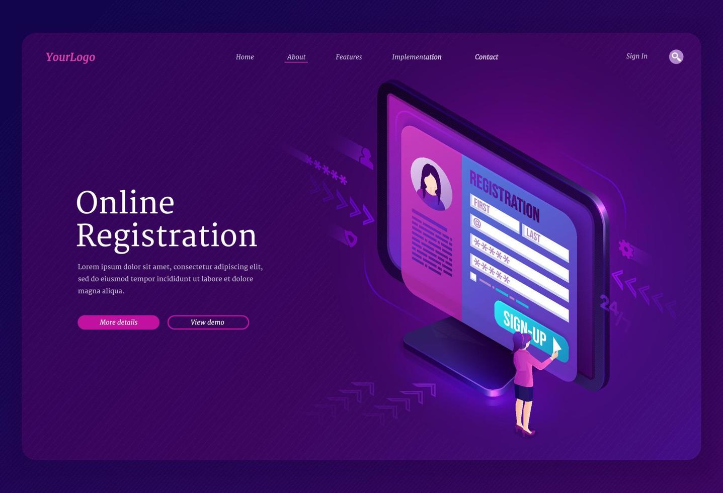 Online registration isometric landing page, banner vector