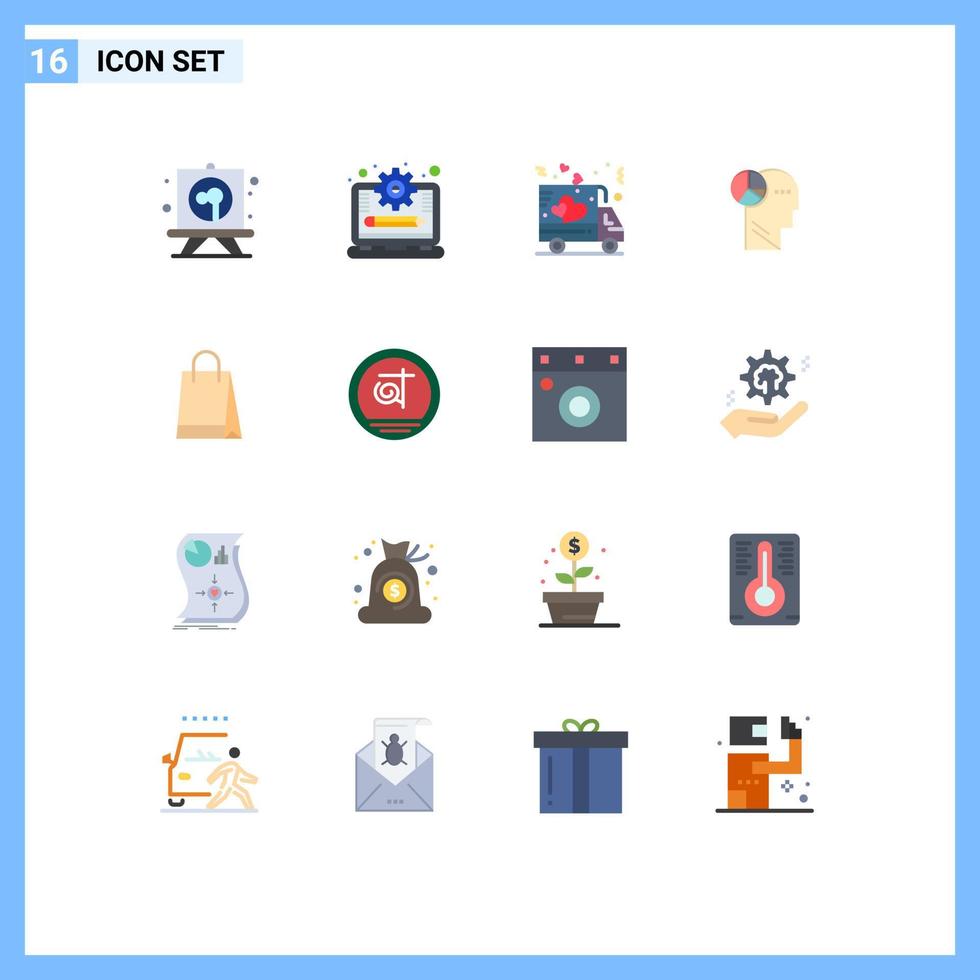 16 Universal Flat Color Signs Symbols of hand bag thinking delivery mind graph Editable Pack of Creative Vector Design Elements