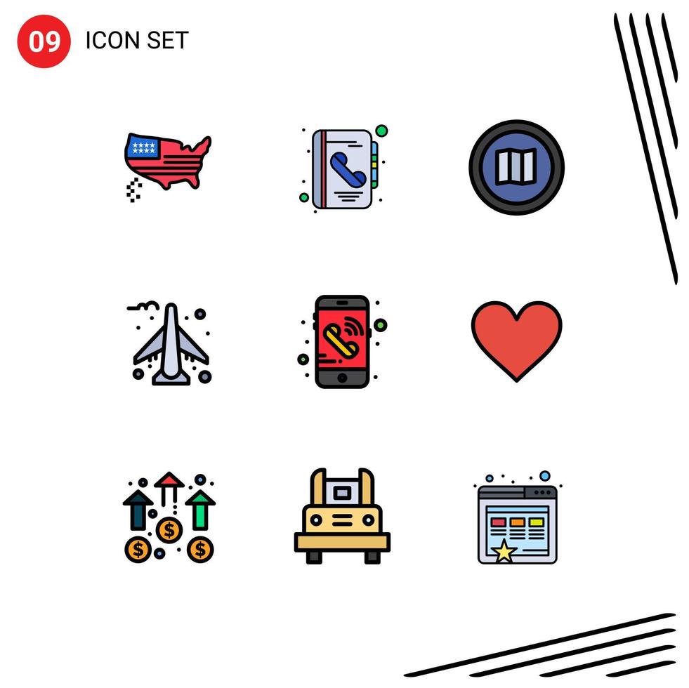 Mobile Interface Filledline Flat Color Set of 9 Pictograms of mobile plane find airport maps Editable Vector Design Elements