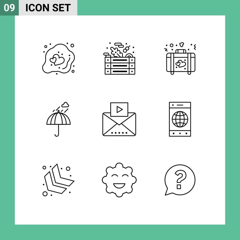 Pack of 9 creative Outlines of weather rain food camping wedding Editable Vector Design Elements