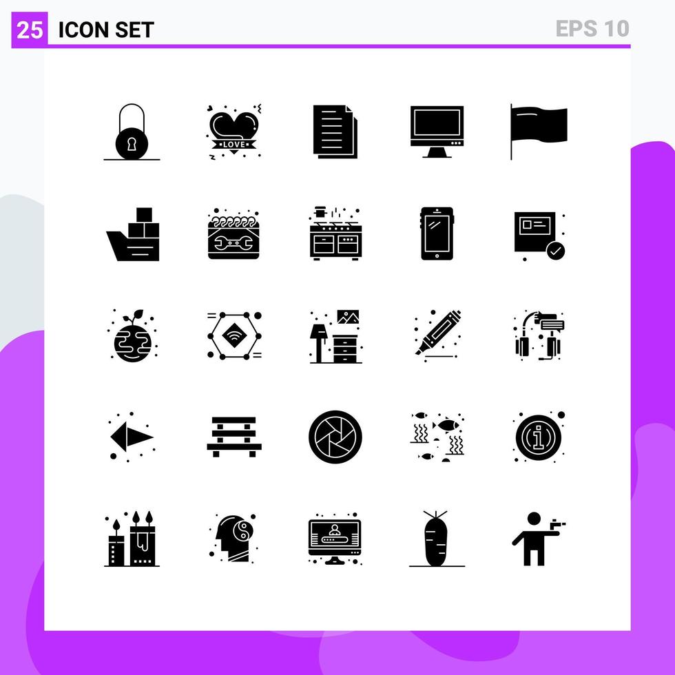 Pack of 25 Modern Solid Glyphs Signs and Symbols for Web Print Media such as country imac document device computer Editable Vector Design Elements