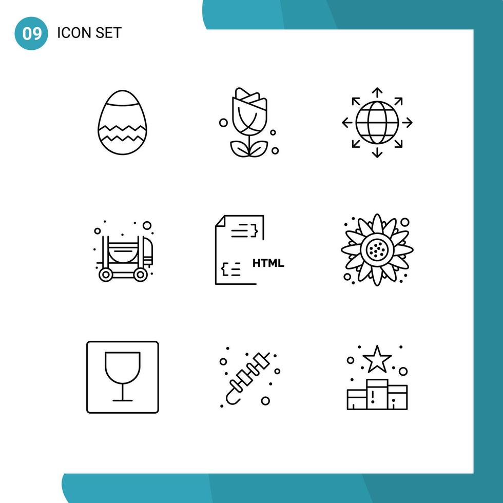 Pictogram Set of 9 Simple Outlines of file develop global coding construction Editable Vector Design Elements