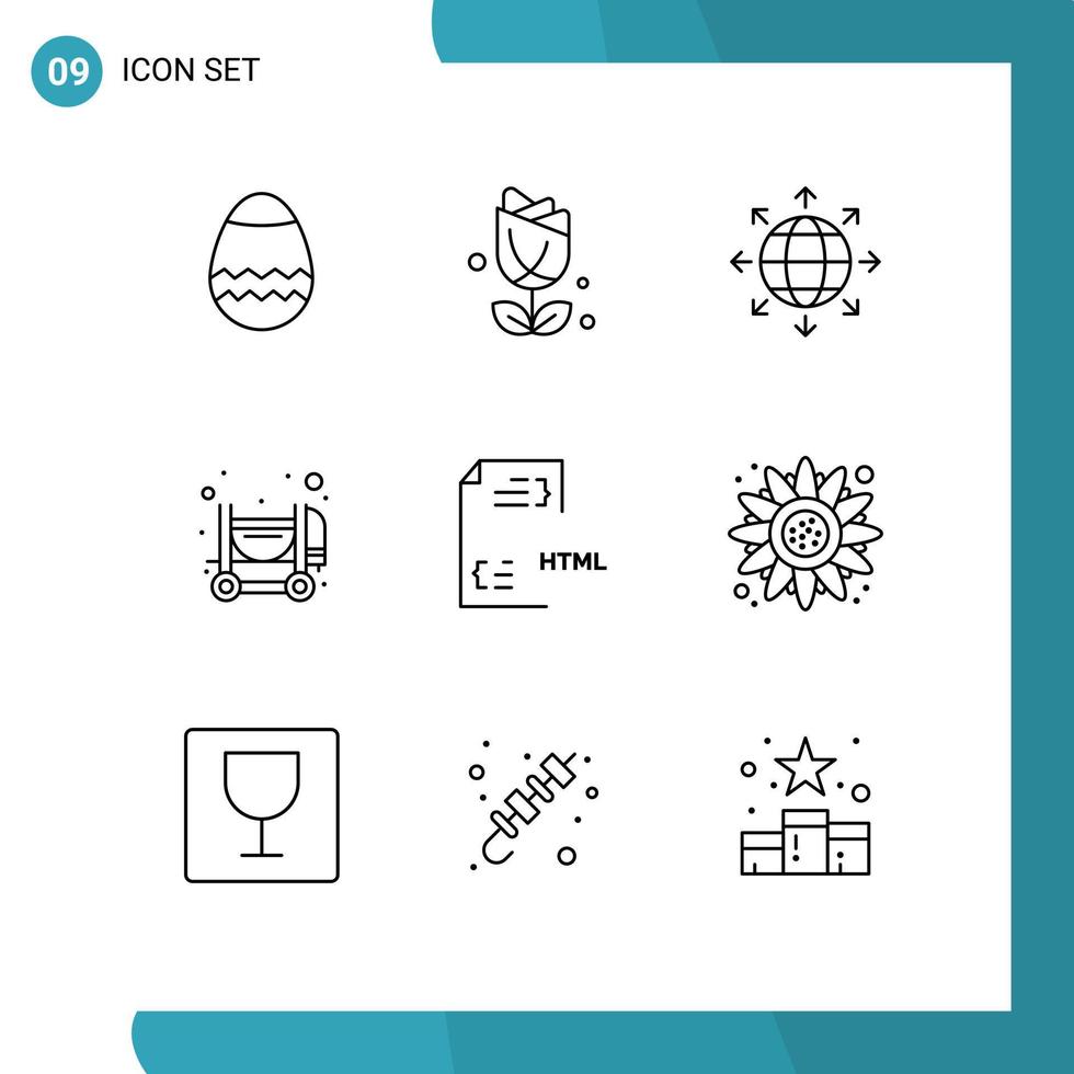 conjunto de pictogramas de 9 contornos simples de archivo desarrollar elementos de diseño de vector editables de construcción de codificación global