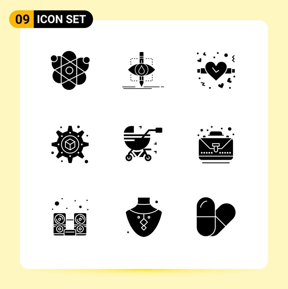 Set of 9 Vector Solid Glyphs on Grid for pram baby science baby carriage printing Editable Vector Design Elements