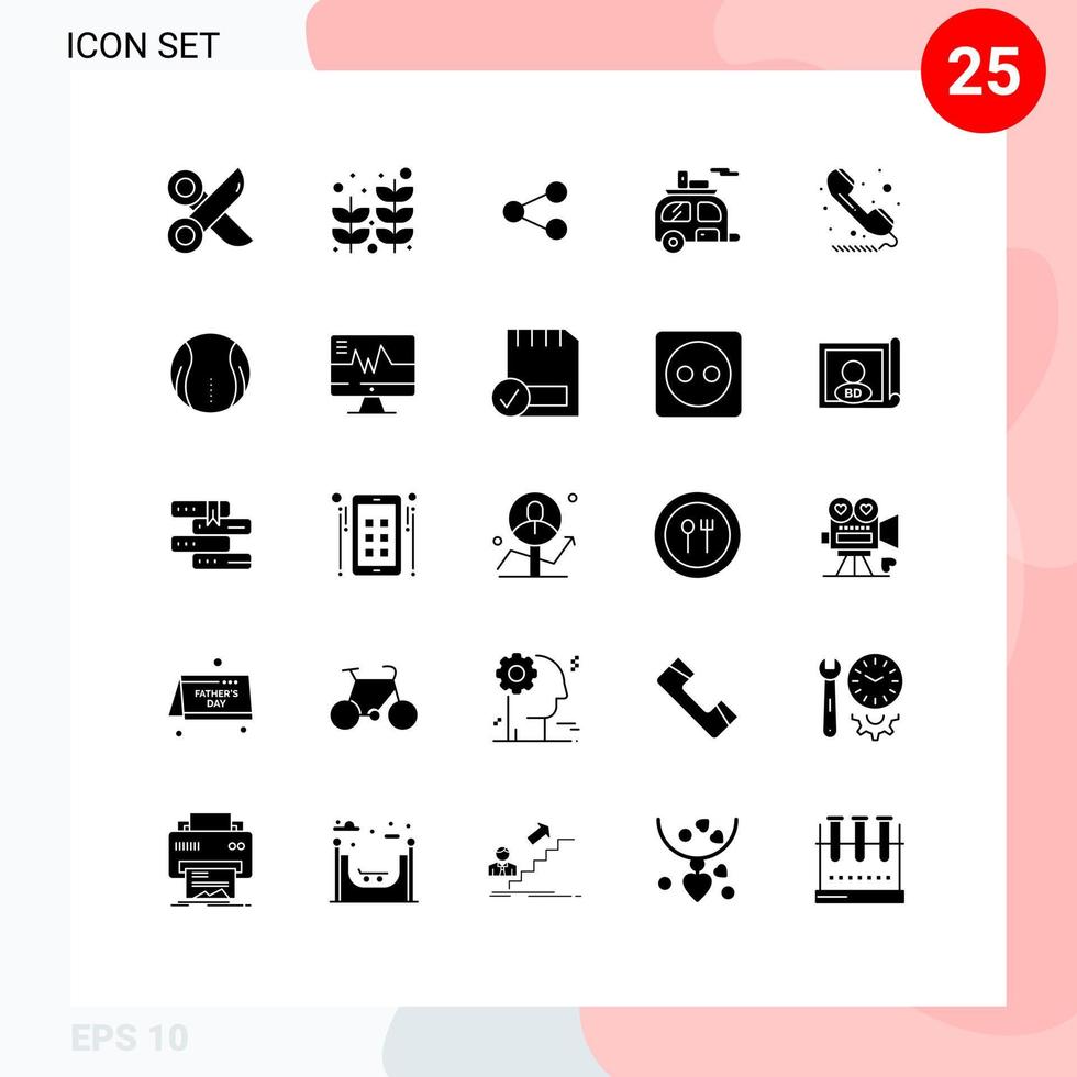 Pack of 25 Modern Solid Glyphs Signs and Symbols for Web Print Media such as transport tourism tree camping sharing Editable Vector Design Elements