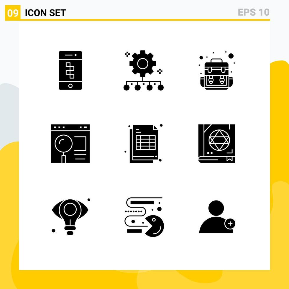 Set of 9 Commercial Solid Glyphs pack for bill search work plan page browser Editable Vector Design Elements