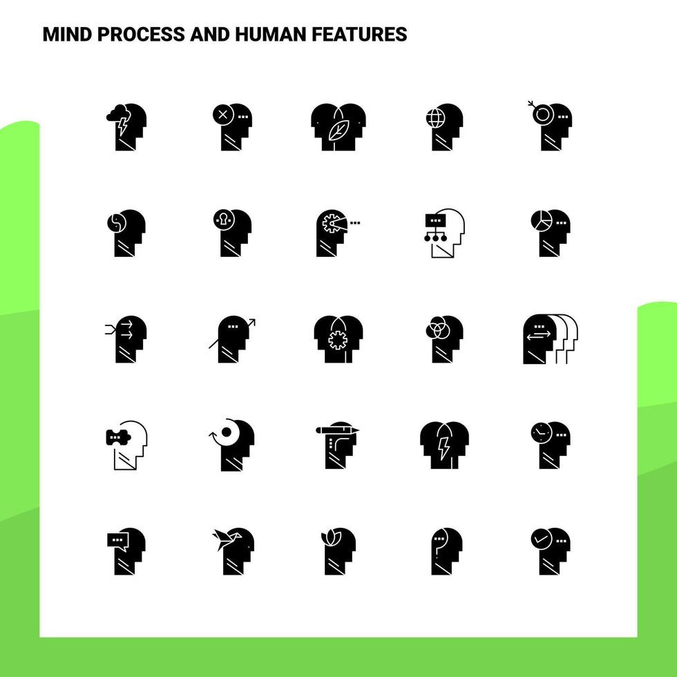25 conjunto de iconos de características humanas y procesos mentales plantilla de ilustración de vector de icono de glifo sólido para ideas web y móviles para empresa comercial