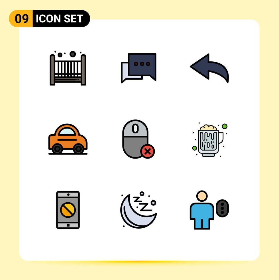 9 Universal Filledline Flat Color Signs Symbols of beer mouse car hardware devices Editable Vector Design Elements