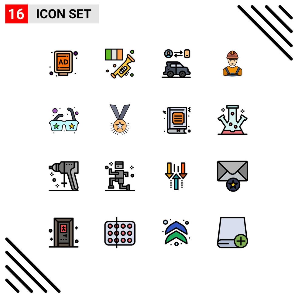 Modern Set of 16 Flat Color Filled Lines and symbols such as glasses engineer car avatar worker Editable Creative Vector Design Elements