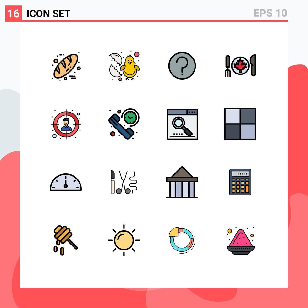 16 Universal Flat Color Filled Lines Set for Web and Mobile Applications target leaf basic canada dinner Editable Creative Vector Design Elements