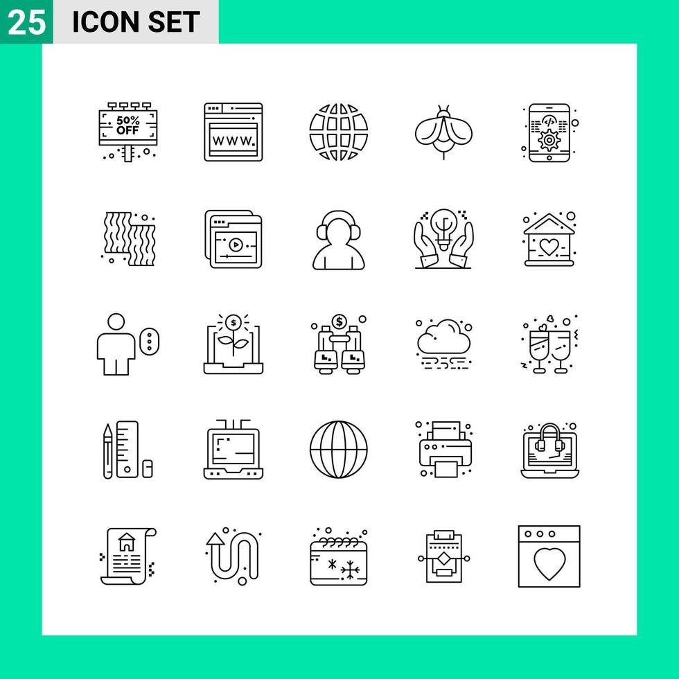 paquete de 25 iconos de estilo de línea establece símbolos de esquema para imprimir signos creativos aislados en fondo blanco vector