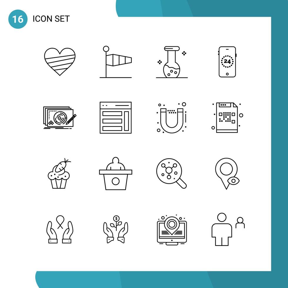 Vector Pack of 16 Outline Symbols Line Style Icon Set on White Background for Web and Mobile