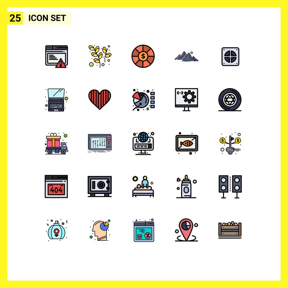25 User Interface Filled line Flat Color Pack of modern Signs and Symbols of mechanical sun coin nature landscape Editable Vector Design Elements