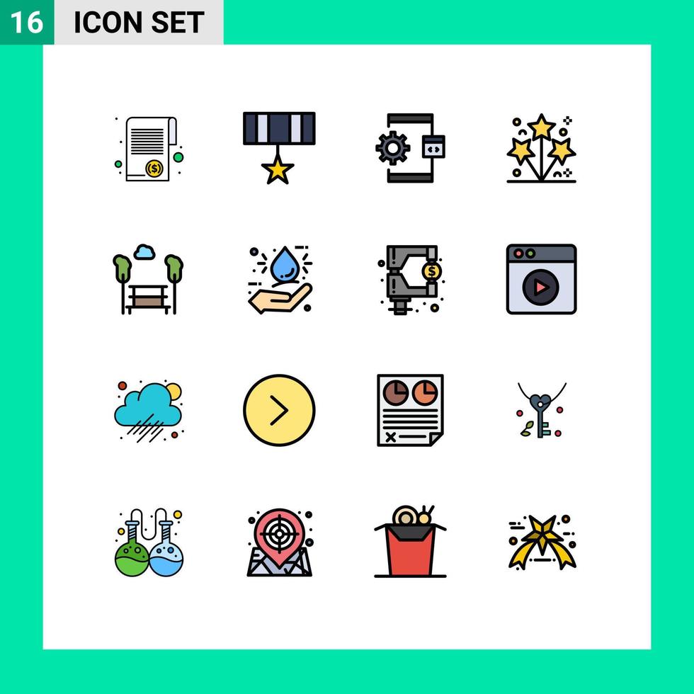 Modern Set of 16 Flat Color Filled Lines and symbols such as spark light medal firework development Editable Creative Vector Design Elements