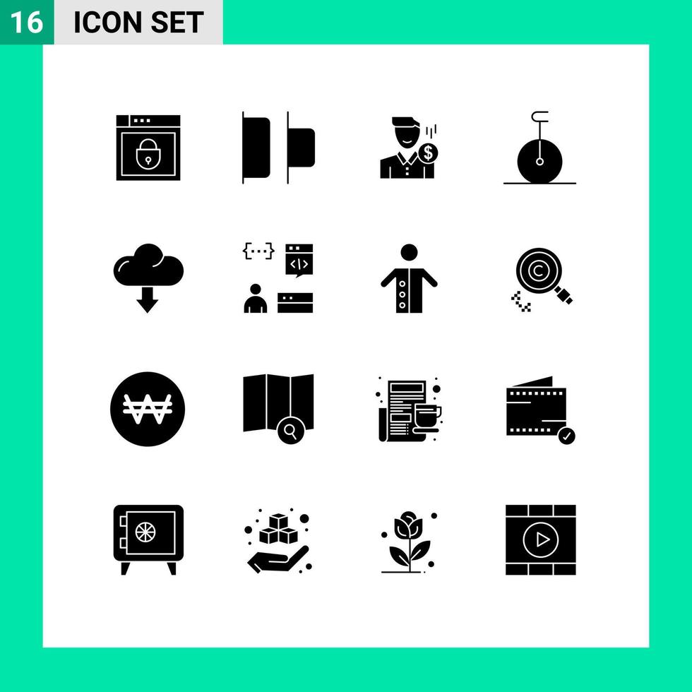 conjunto moderno de 16 glifos y símbolos sólidos, como la tarifa del monociclo en la nube, el salario del circo, elementos de diseño vectorial editables vector