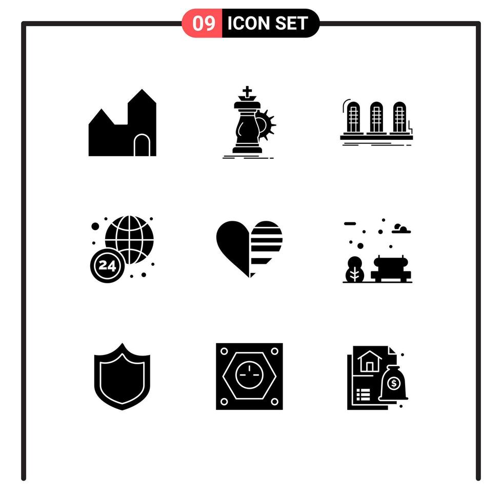 Pack of 9 Modern Solid Glyphs Signs and Symbols for Web Print Media such as heart news success world wide sound Editable Vector Design Elements