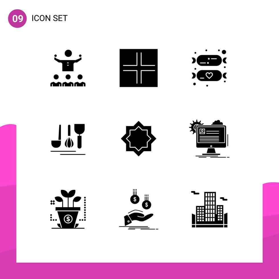 9 Solid Glyph concept for Websites Mobile and Apps art service view hotel sweets Editable Vector Design Elements