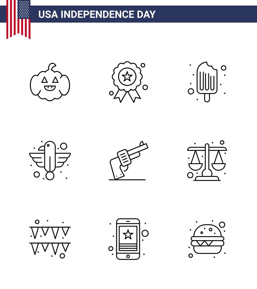 9 USA Line Pack of Independence Day Signs and Symbols of hand state cream eagle animal Editable USA Day Vector Design Elements